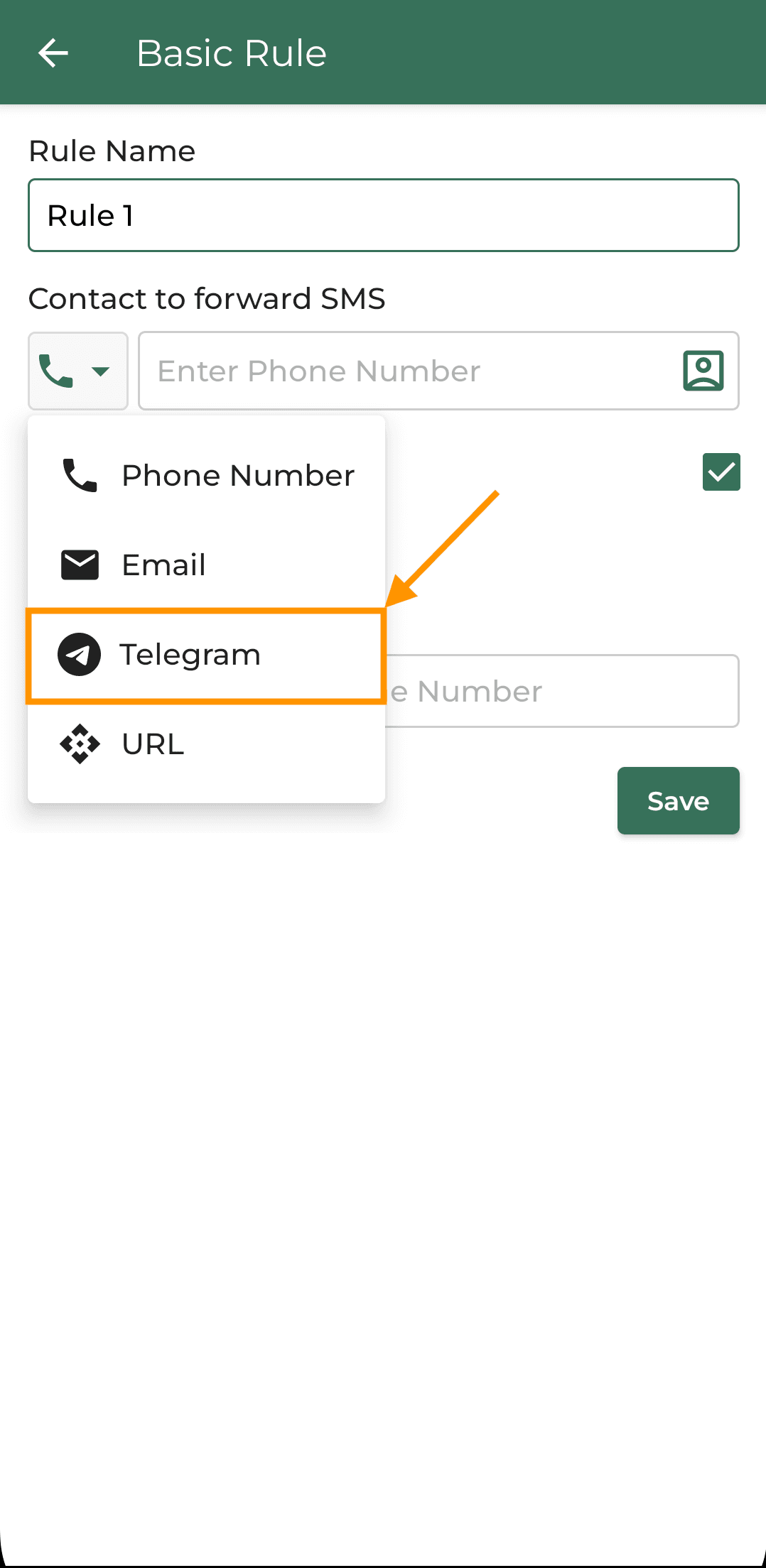 selecting telegram option in forward sms app