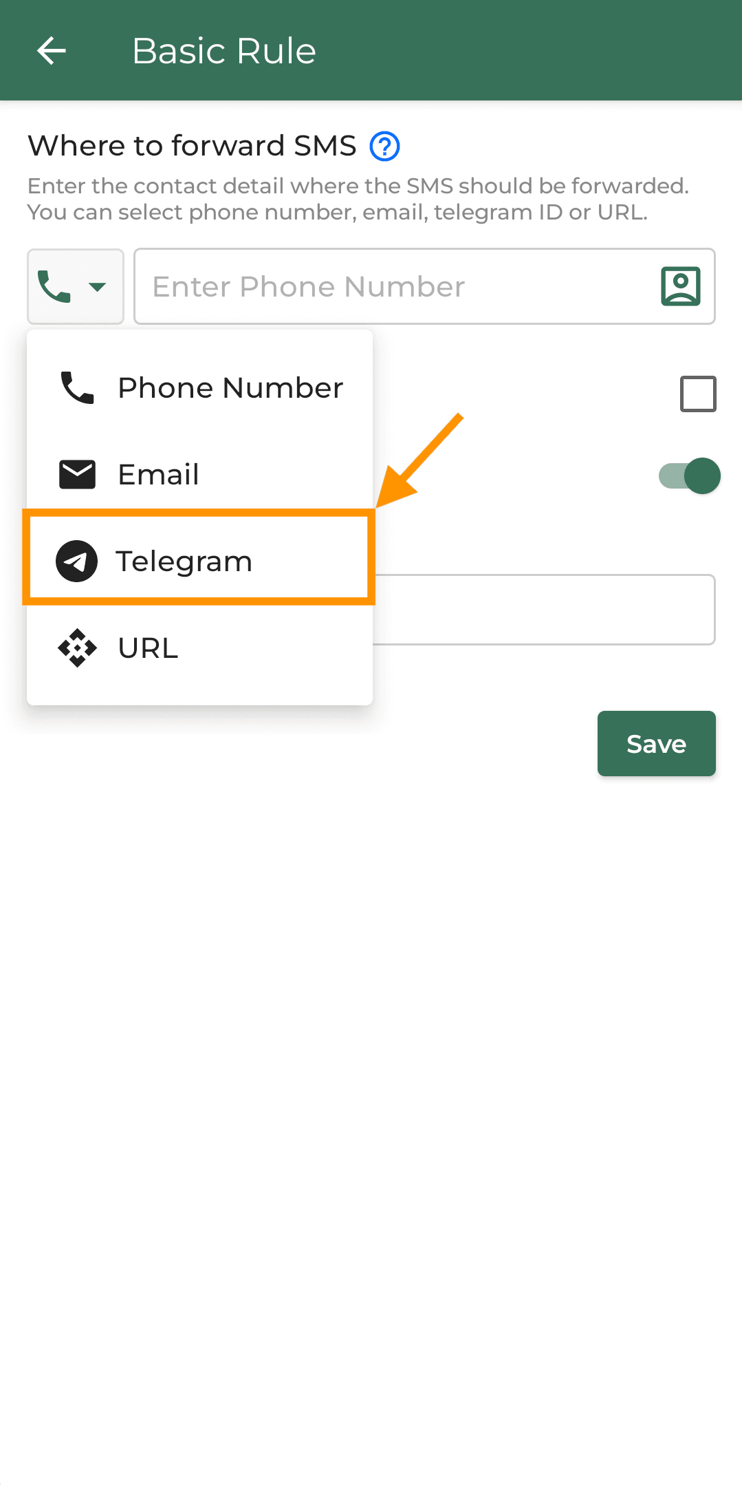 selecting Telegram option in forward sms app