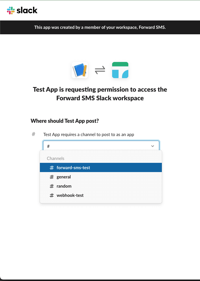 Selecting the Slack channel for the webhook