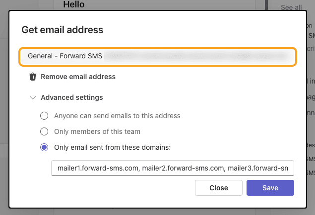 The channel email address at the top of the Get email address dialog