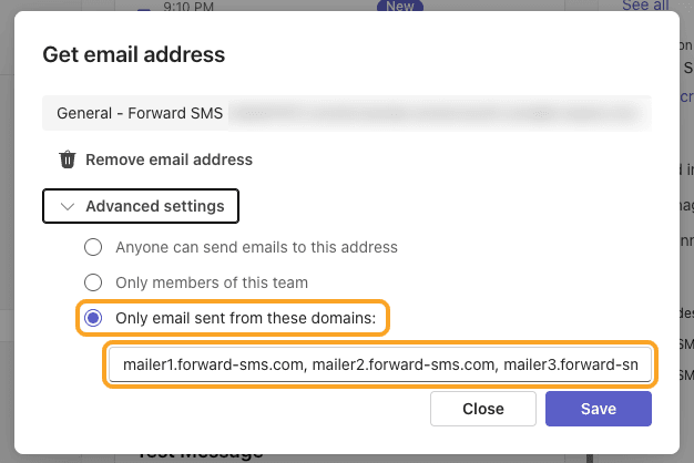 Advanced settings with Only email sent from these domains selected and the Forward SMS domains entered