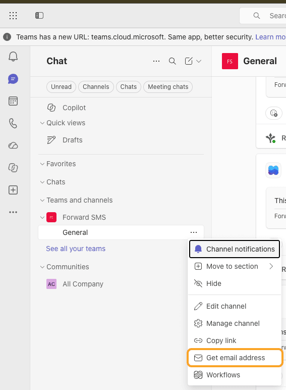 The Get email address option in the channel menu