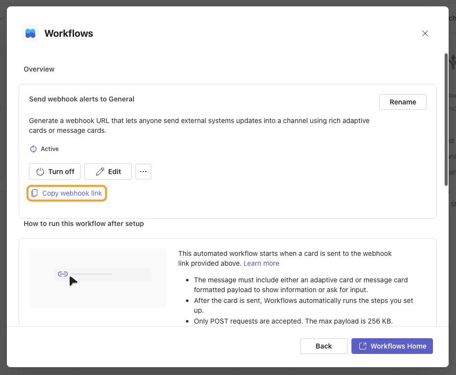 The Copy webhook link button on the new workflow