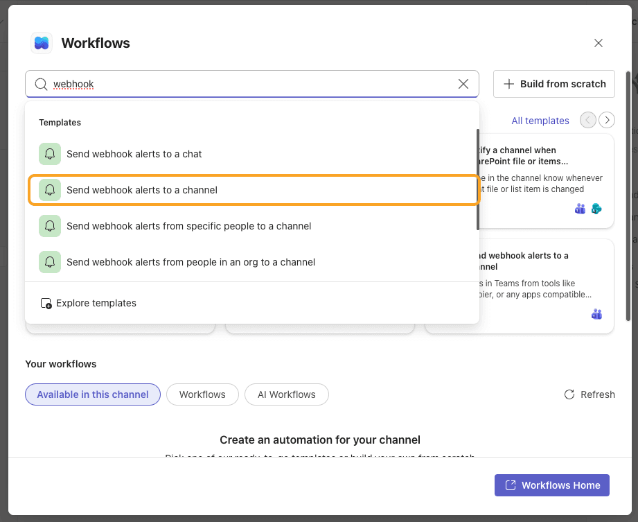 The Send webhook alerts to a channel template in Workflows