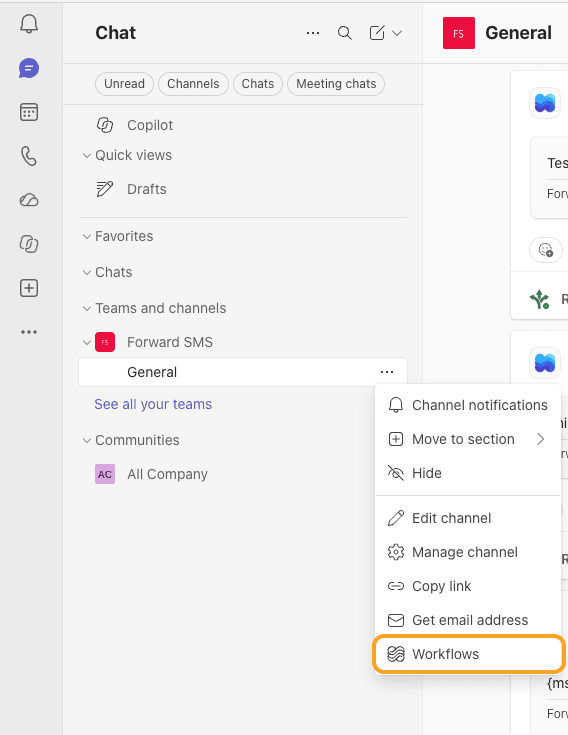 The Workflows option in the channel menu