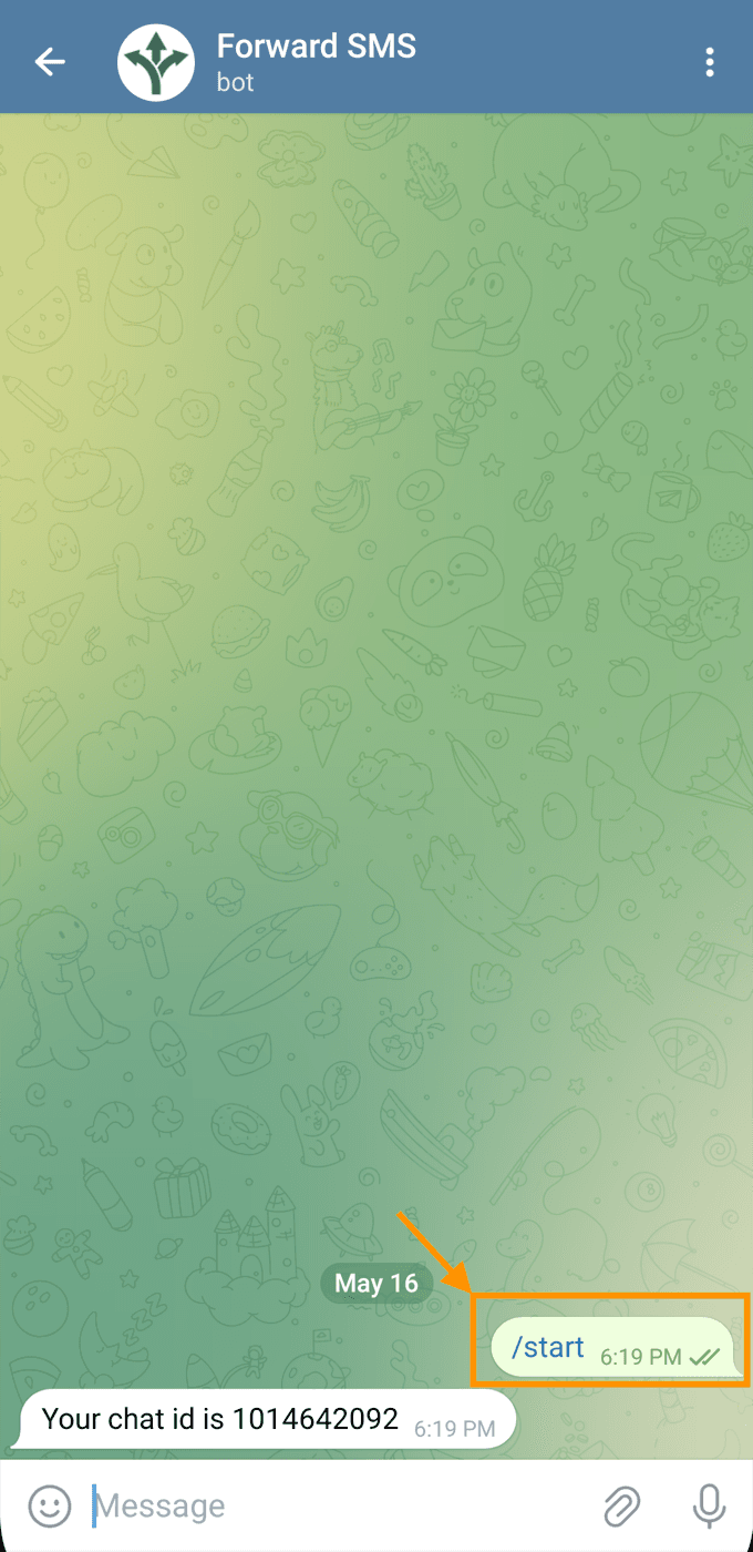 Sending /start to the Forward SMS bot, which replies with the Chat ID